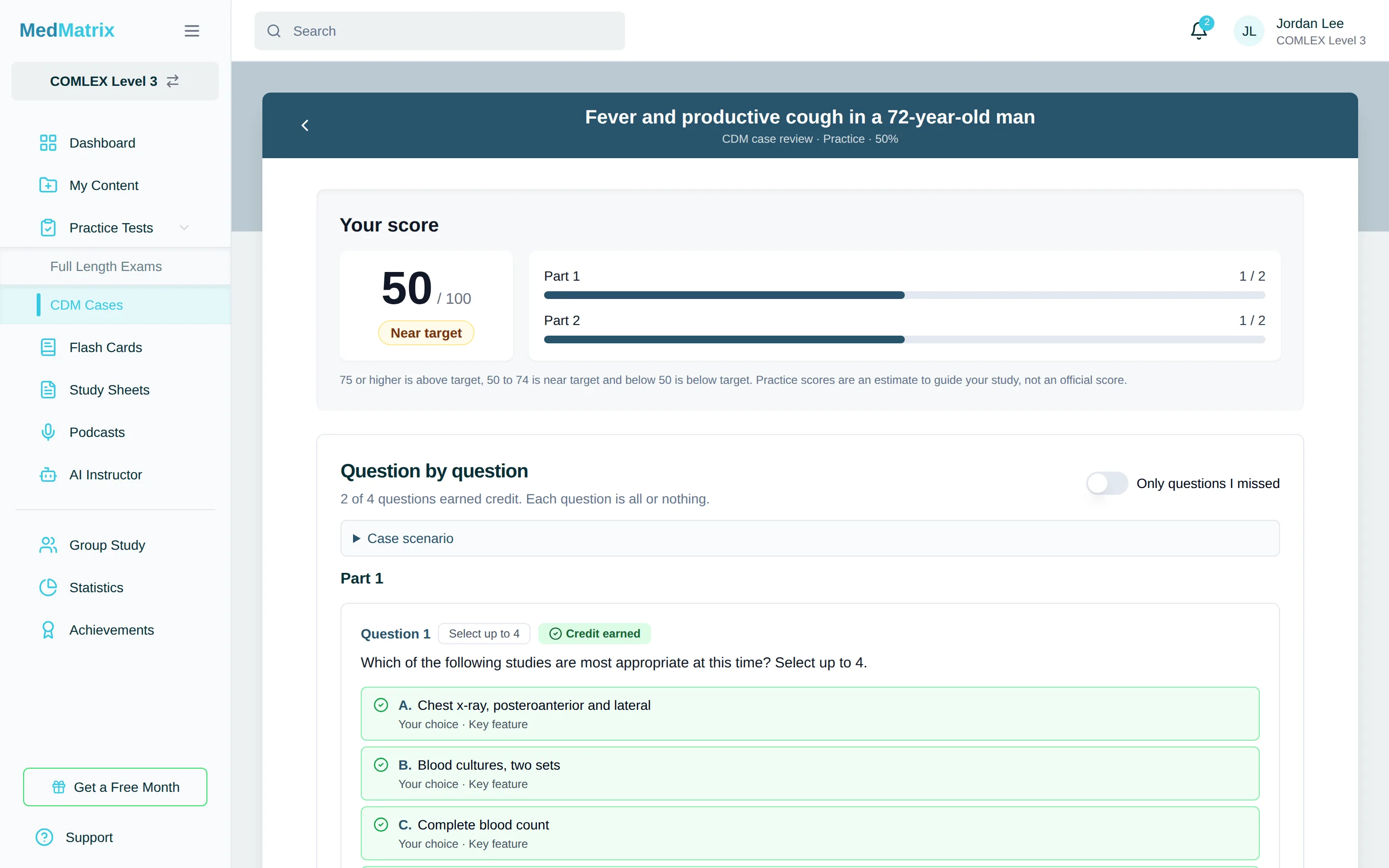 A MedMatrix CDM case review with the score by part and each question's choices marked as key features