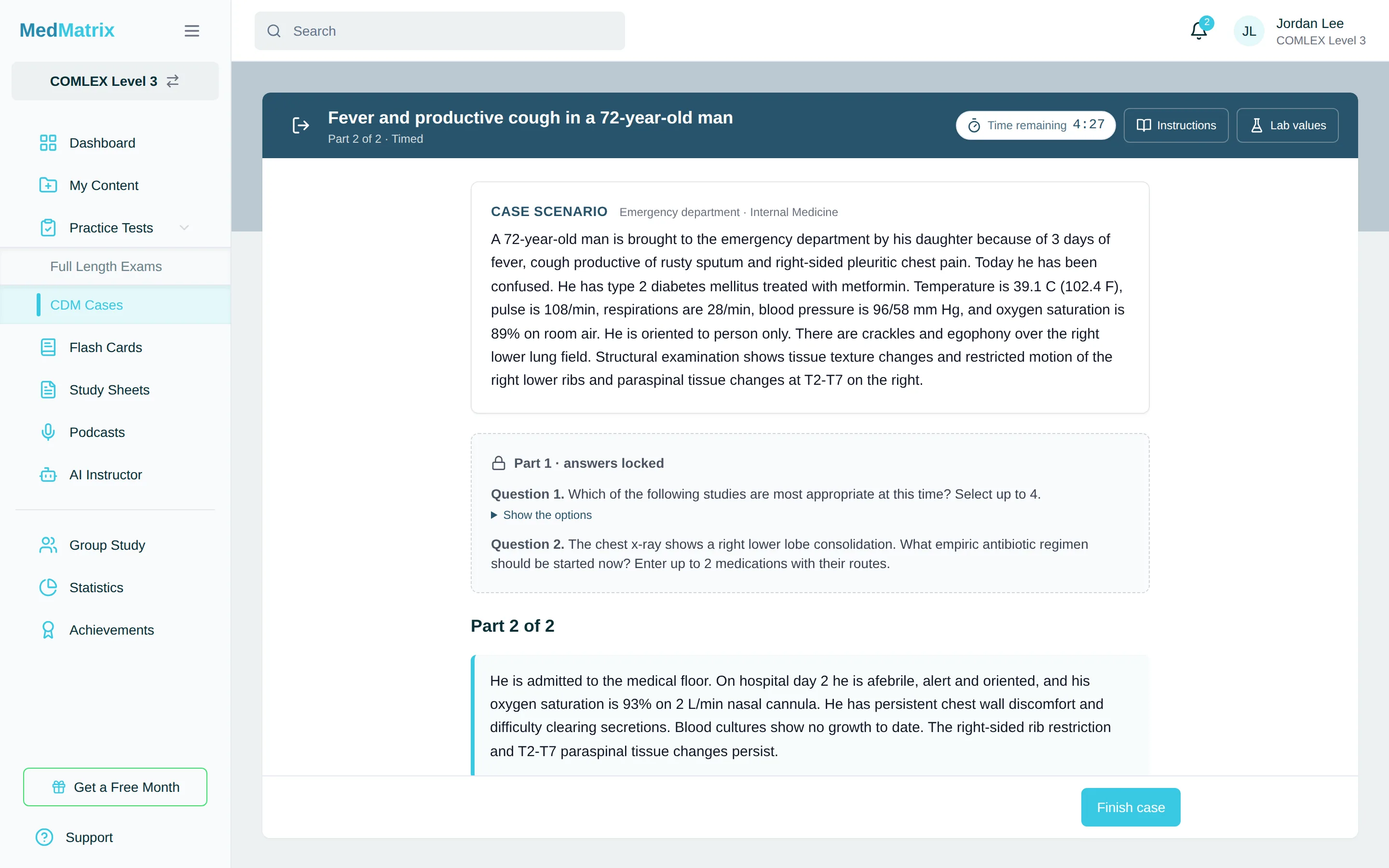 A MedMatrix COMLEX Level 3 practice question with the AI tutor explaining the answer
