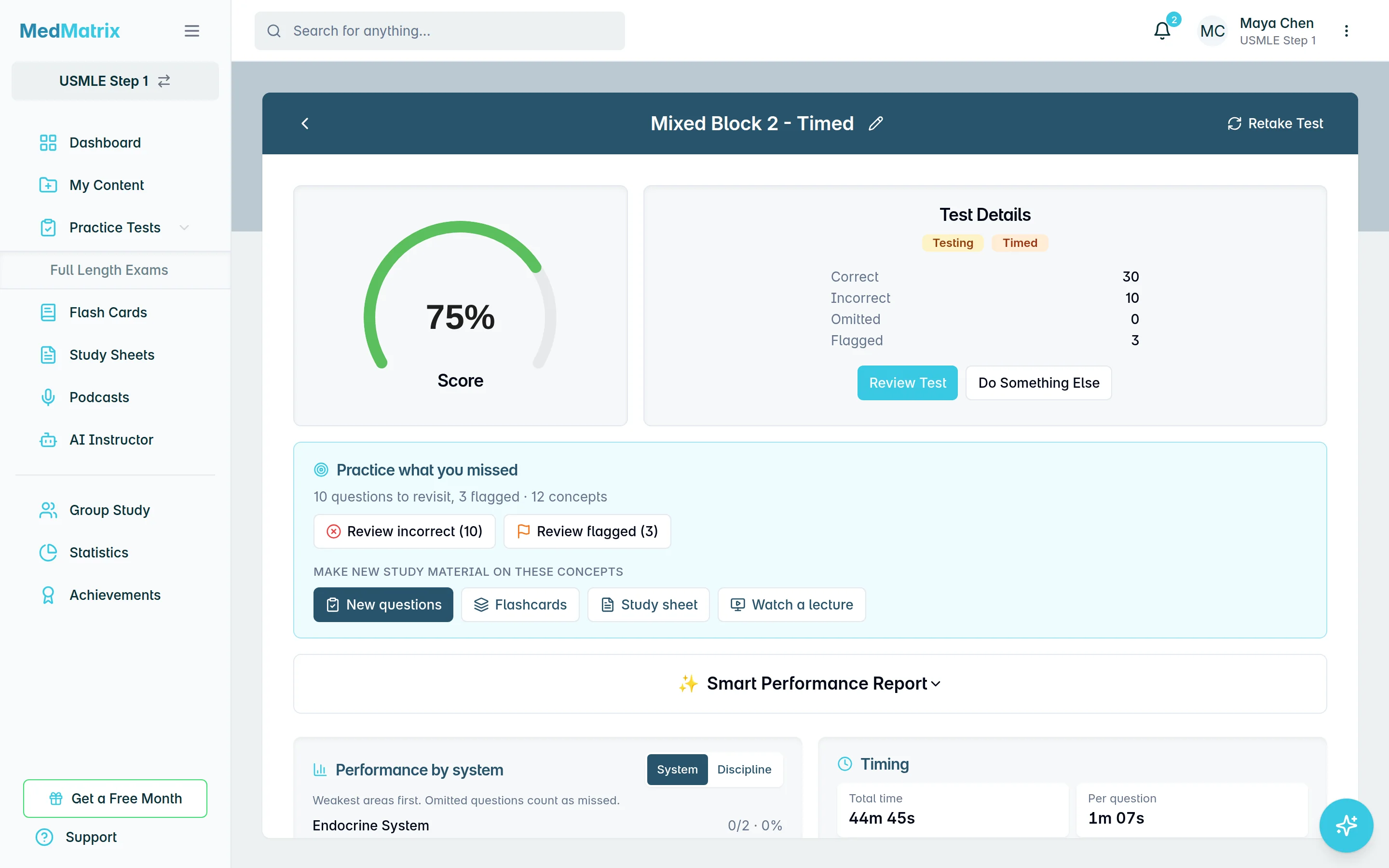MedMatrix practice test results with performance by system and options to study what was missed