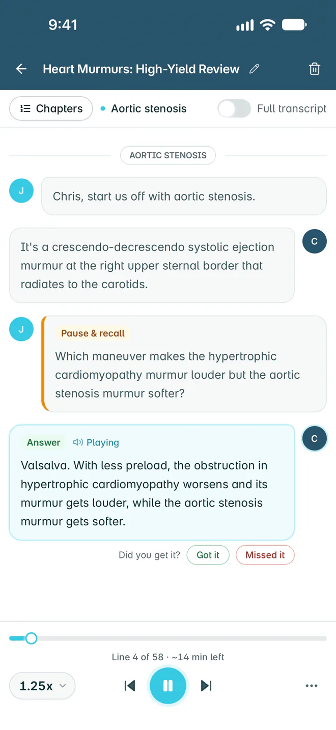 A MedMatrix podcast on iPhone: two hosts discuss aortic stenosis, with a pause-and-recall question