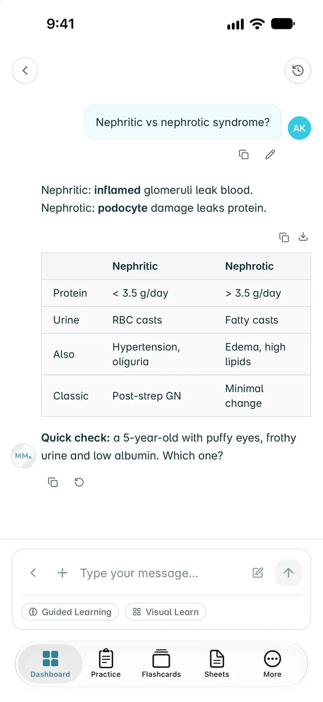 The MedMatrix AI tutor on iPhone, comparing nephritic and nephrotic syndrome in a table